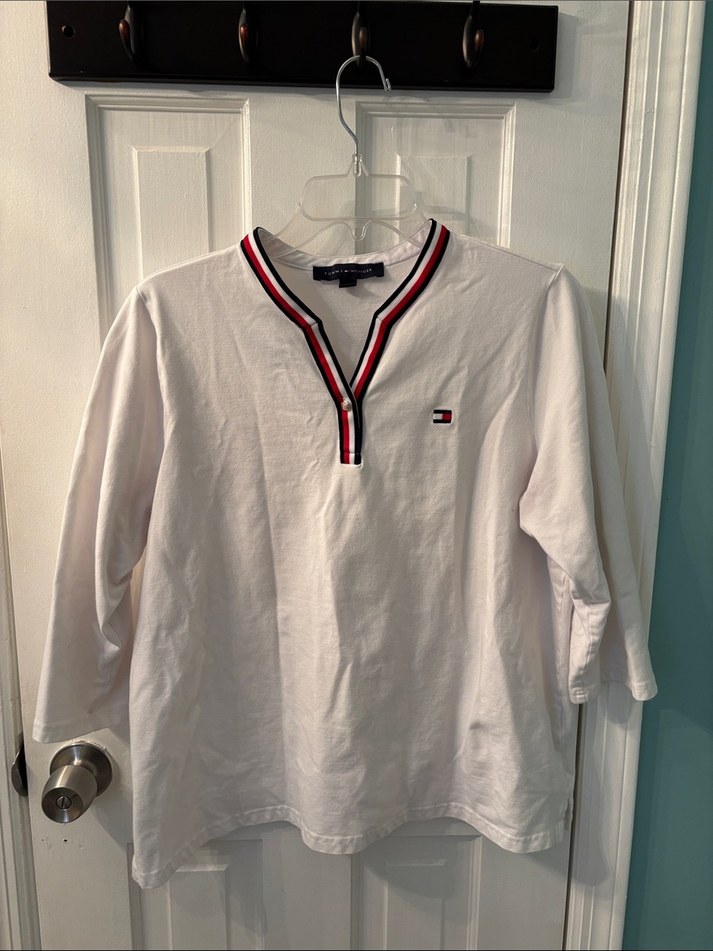 Tommy Hilfiger White V-Split Long-Sleeve Top with Red & Navy Trim
